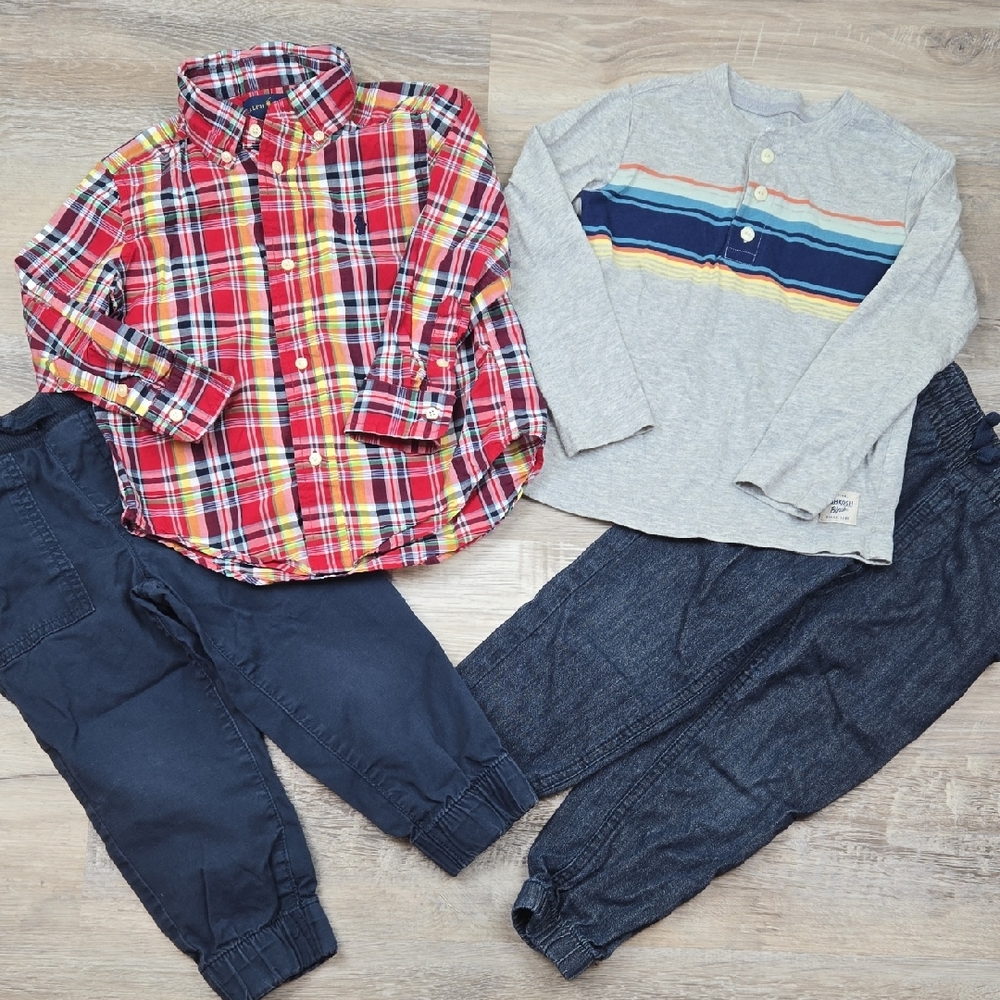 Ralph Lauren Red Plaid Button Down OshKosh Henley Jeans Navy Blue Joggers Outfit